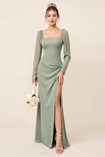 Eucalyptus Chiffon Sheath Long Sleeve Bridesmaid Dress with Slit